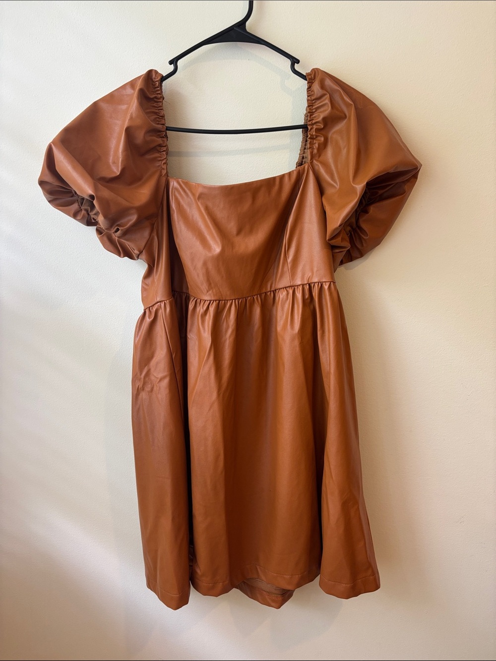 TCEC Puff-Sleeve Faux Leather Mini Dress in Cognac Brown